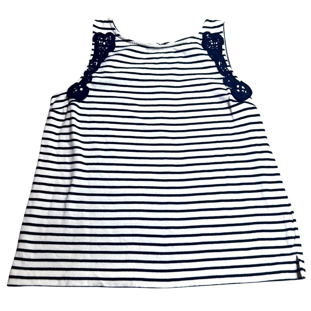 Banana Republic Black and cream striped knit tank top Size XL embroidery trim